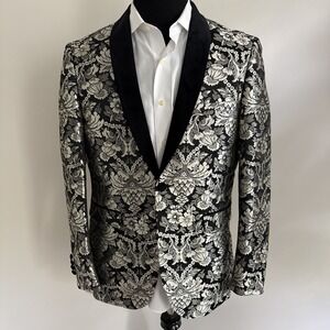 Kilburne Finch Formal Wear Floral Tuxedo Jacket Size 42R Silver Black